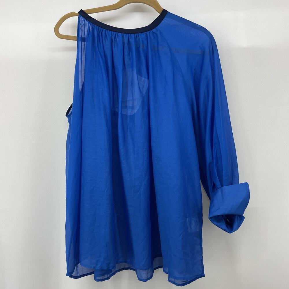 $335 Zeus + Dione 100%‎ Linen Top Size 46 One Shoulder Blouse X-Large Blue Flowy